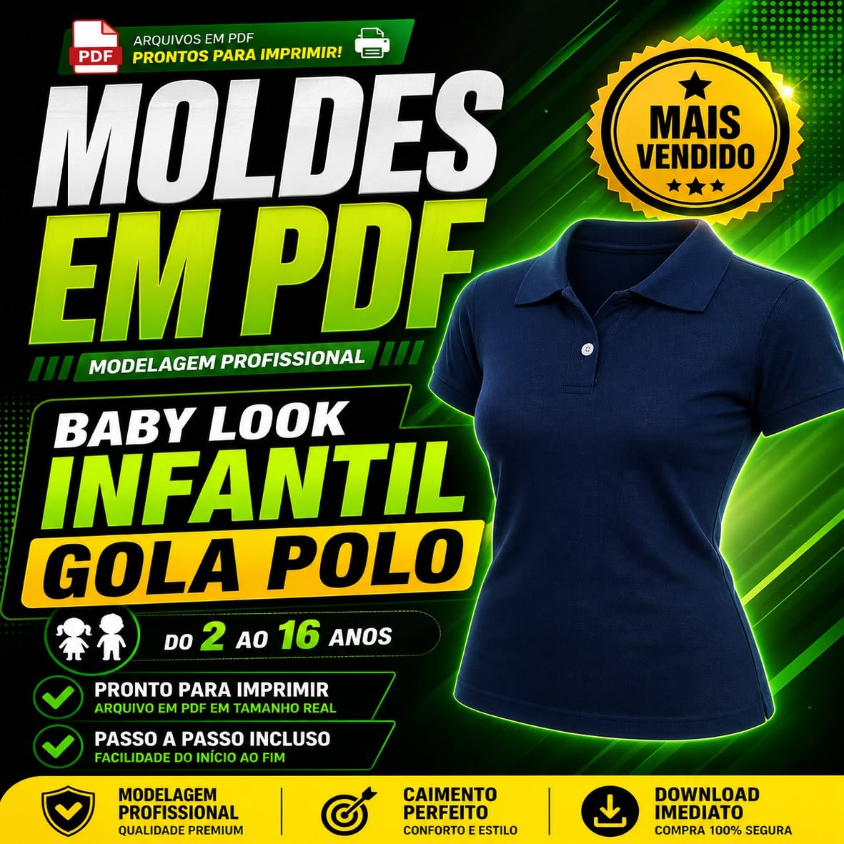 Molde Baby Look Infantil Gola Polo Tradicional (2 a 16 Anos)