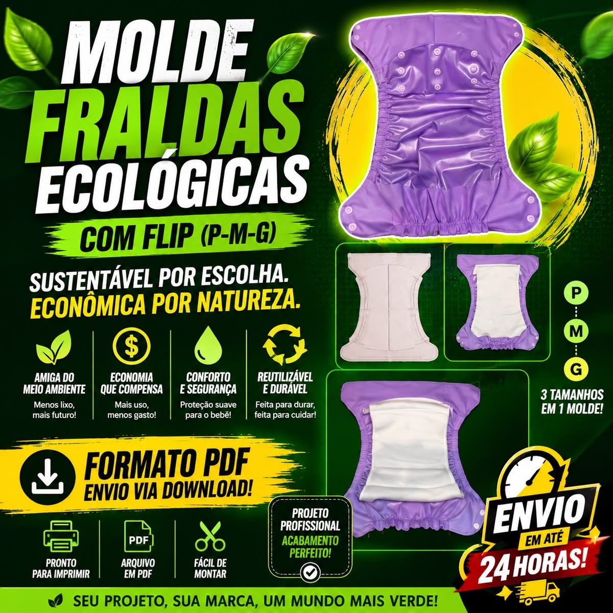 Molde Fraldas Ecológicas com Flip - Tamanhos P/M/G