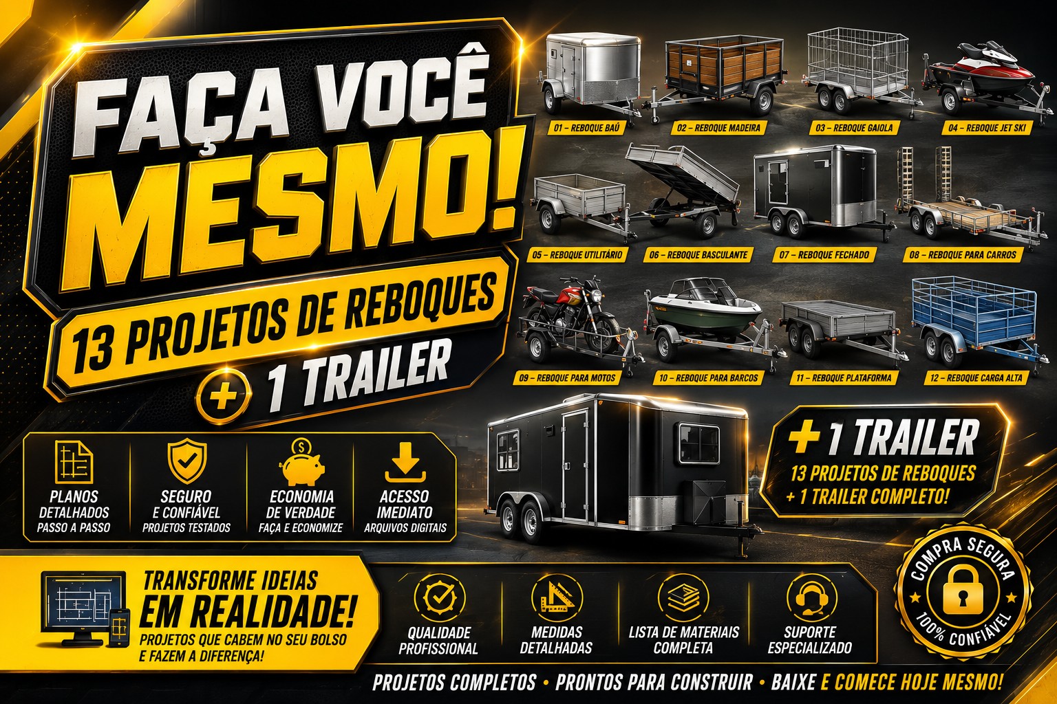 Pacote 13 Projetos de Reboques Carretinhas e Trailer